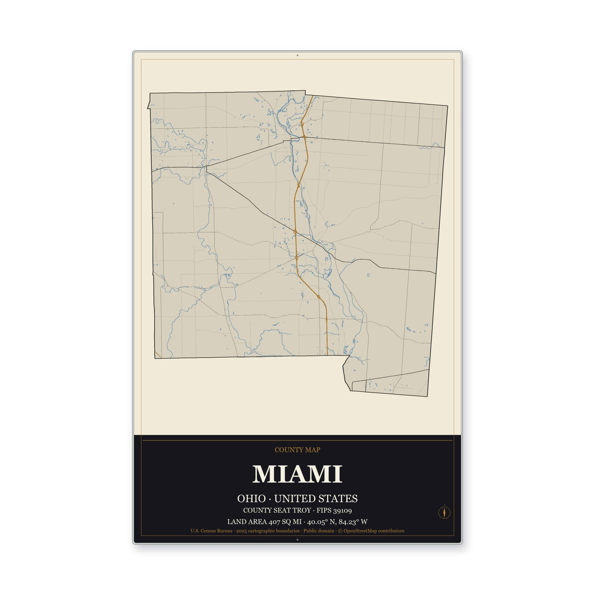 Miami County, Ohio Map Aluminum Sign in Museum Plaque style