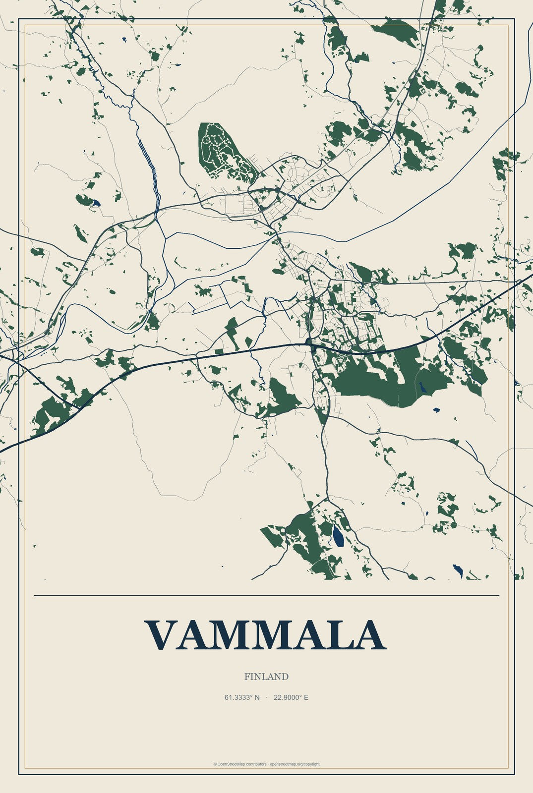 Vammala, Finland City Map Aluminum Sign in Coastal Cutout style
