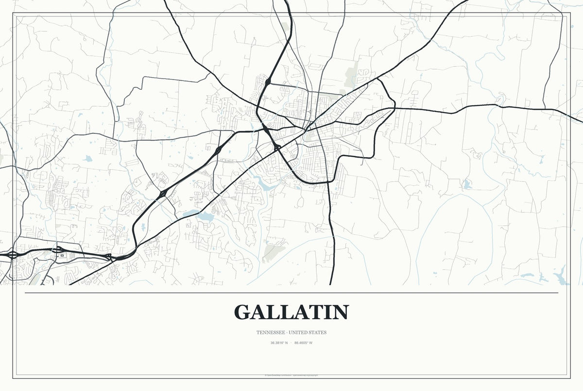 Gallatin, Tennessee City Map Aluminum Sign in Gallery Air style