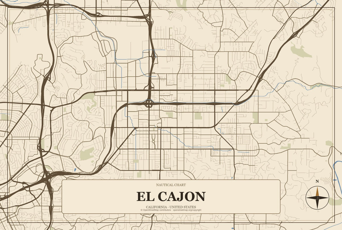 El Cajon, California City Map Aluminum Sign in Heritage Nautical style