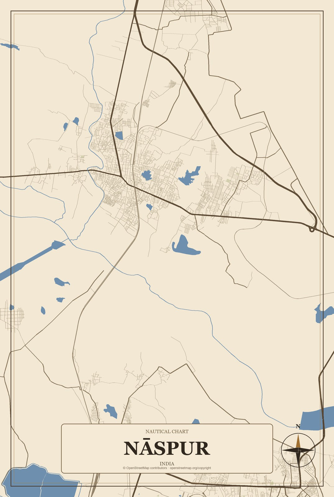 Nāspur, India City Map Aluminum Sign in Heritage Nautical style