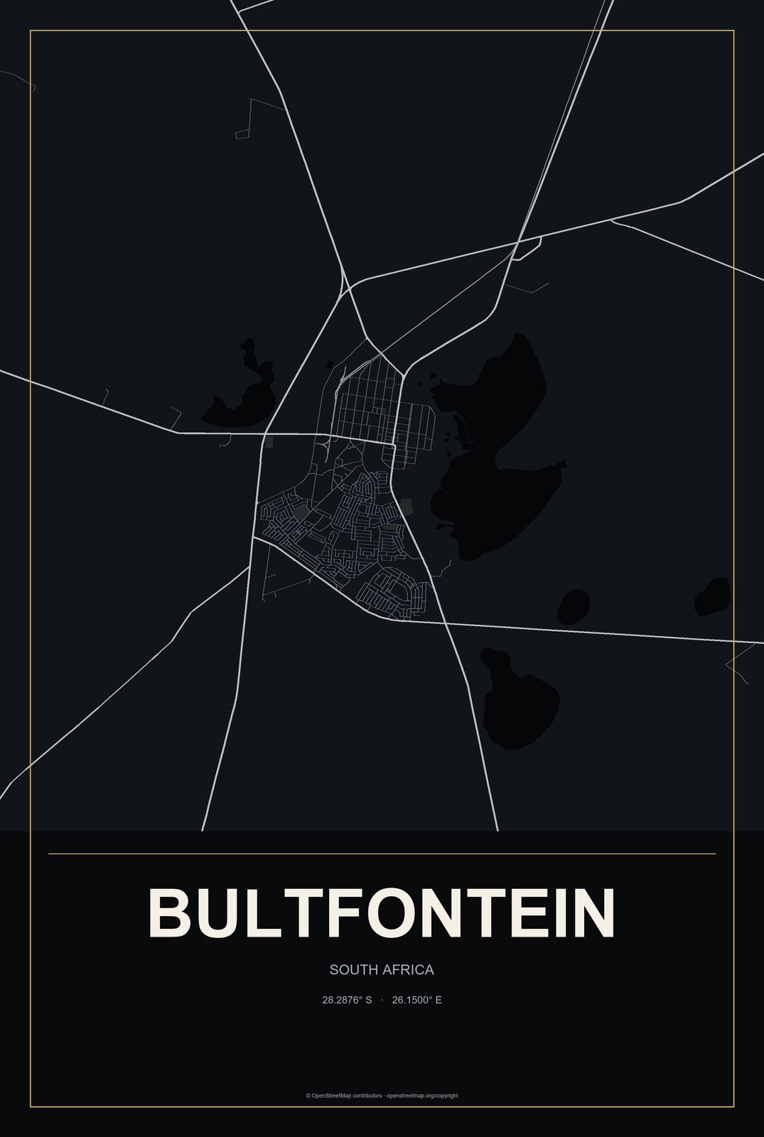 Bultfontein, South Africa City Map Aluminum Sign in Metropolitan Noir style