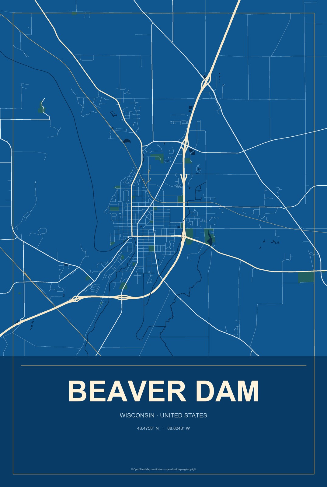 Beaver Dam, Wisconsin City Map Aluminum Sign in Harbor Cobalt style