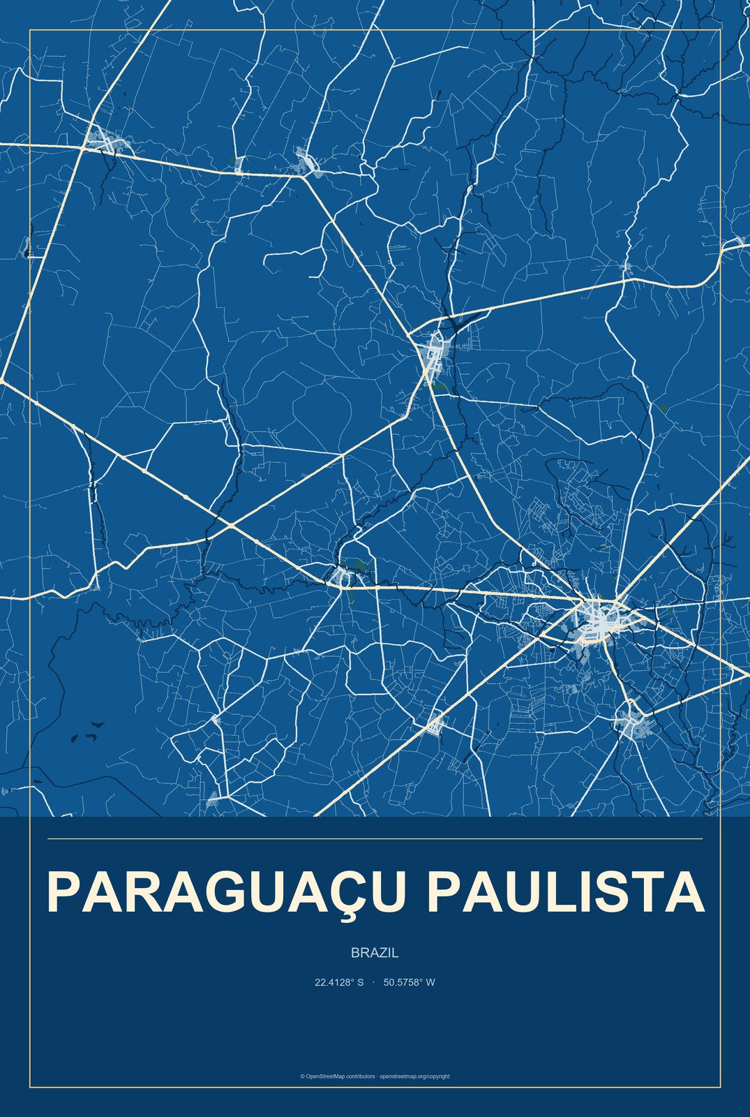 Paraguaçu Paulista, Brazil City Map Aluminum Sign in Harbor Cobalt style