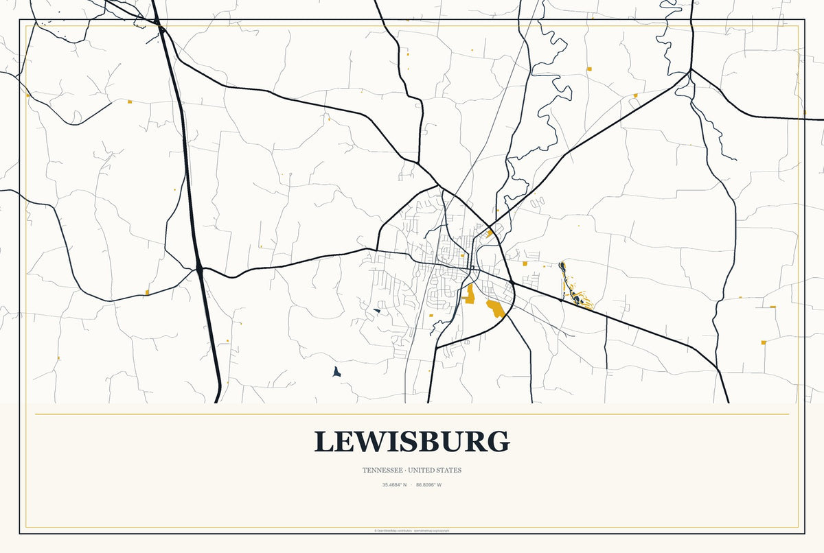 Lewisburg, Tennessee City Map Aluminum Sign in Citrine Modern style