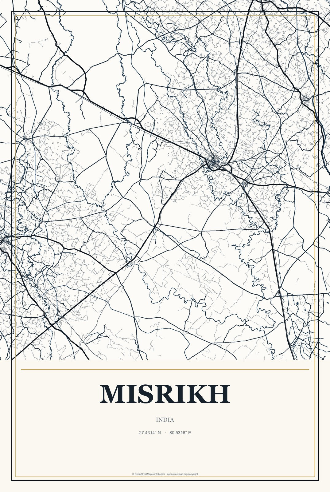 Misrikh, India City Map Aluminum Sign in Citrine Modern style