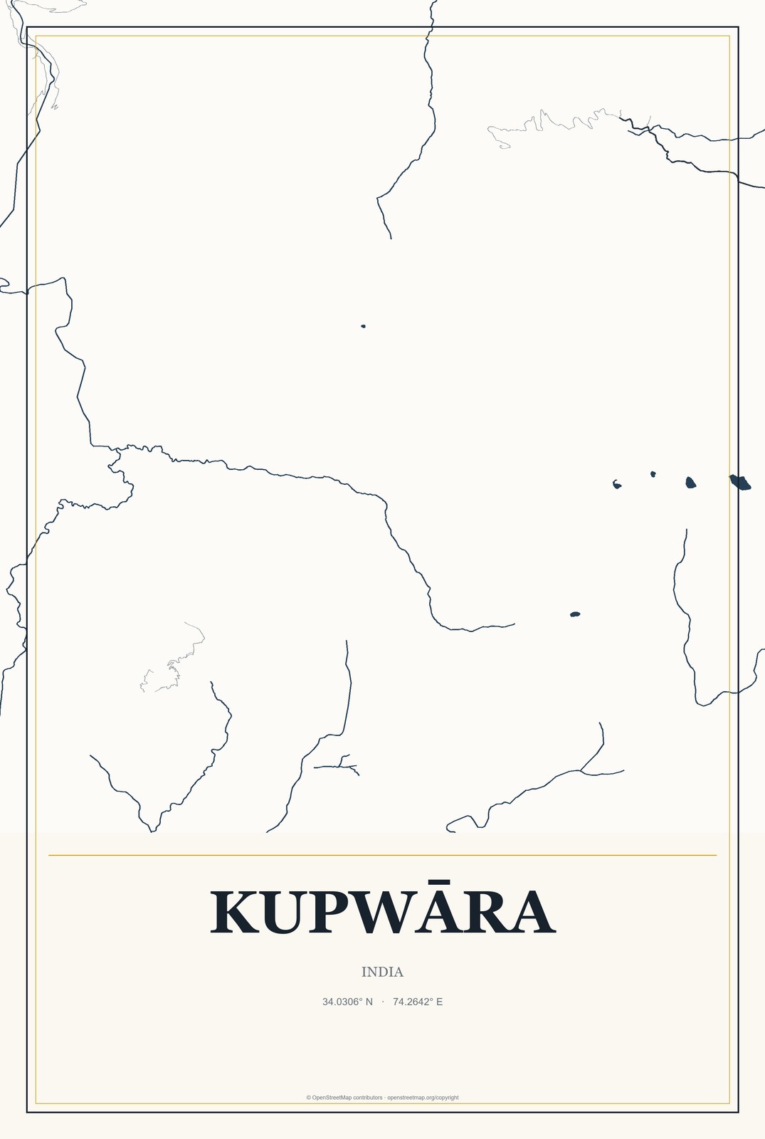 Kupwāra, India City Map Aluminum Sign in Citrine Modern style