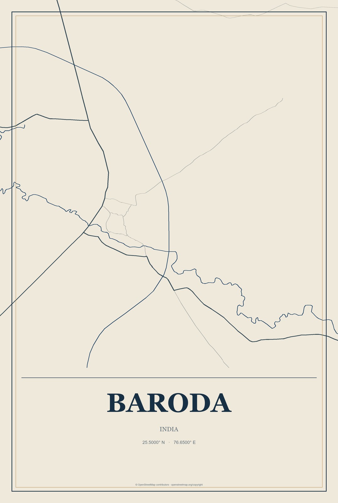 Baroda, India City Map Aluminum Sign in Coastal Cutout style