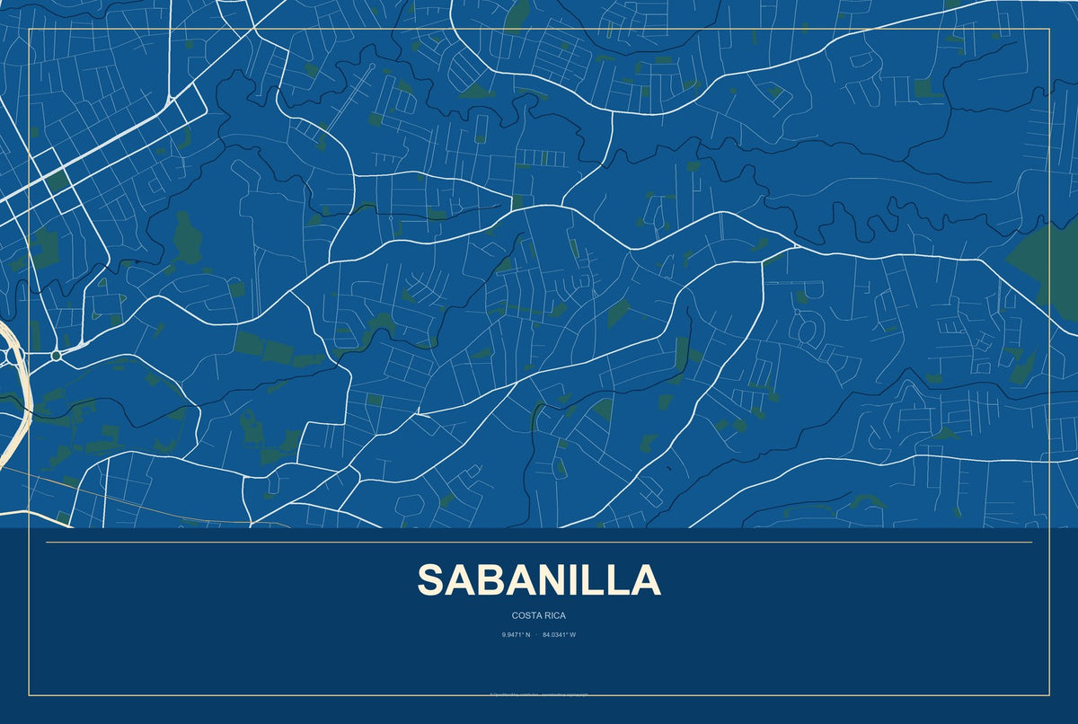 Sabanilla, Costa Rica City Map Aluminum Sign in Harbor Cobalt style