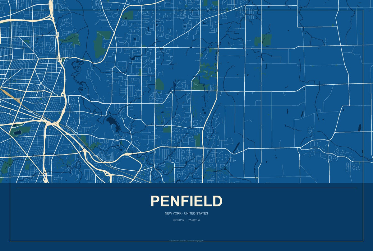 Penfield, New York City Map Aluminum Sign in Harbor Cobalt style