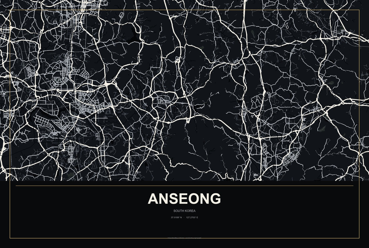 Anseong, South Korea City Map Aluminum Sign in Metropolitan Noir style