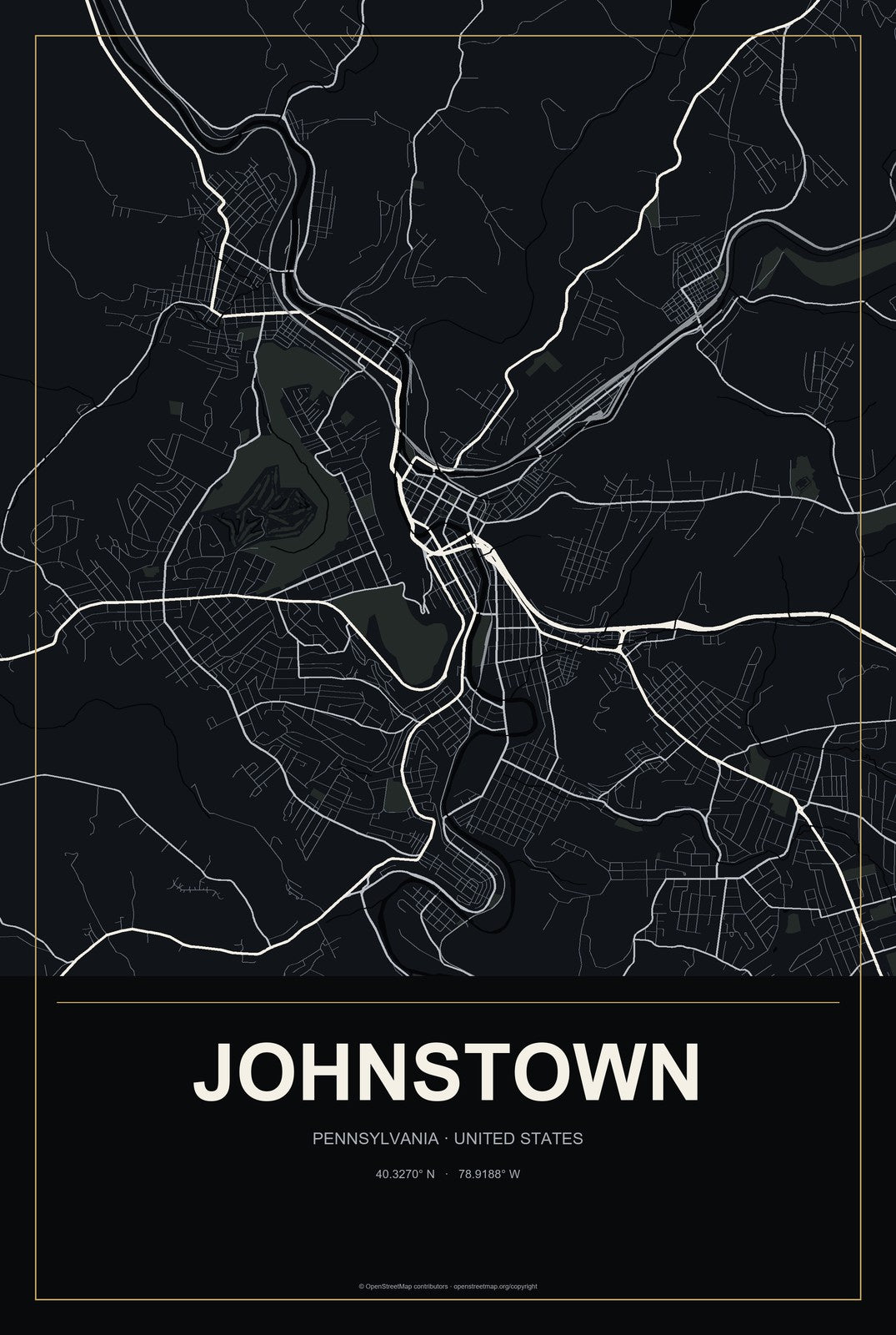 Johnstown, Pennsylvania City Map Aluminum Sign in Metropolitan Noir style