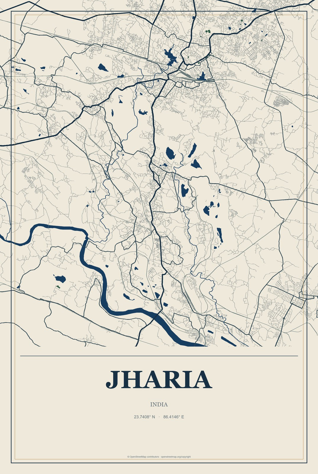 Jharia, India City Map Aluminum Sign in Coastal Cutout style