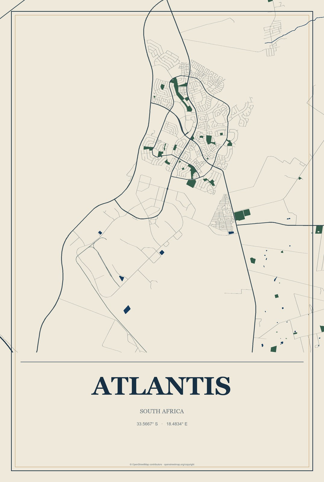 Atlantis, South Africa City Map Aluminum Sign in Coastal Cutout style