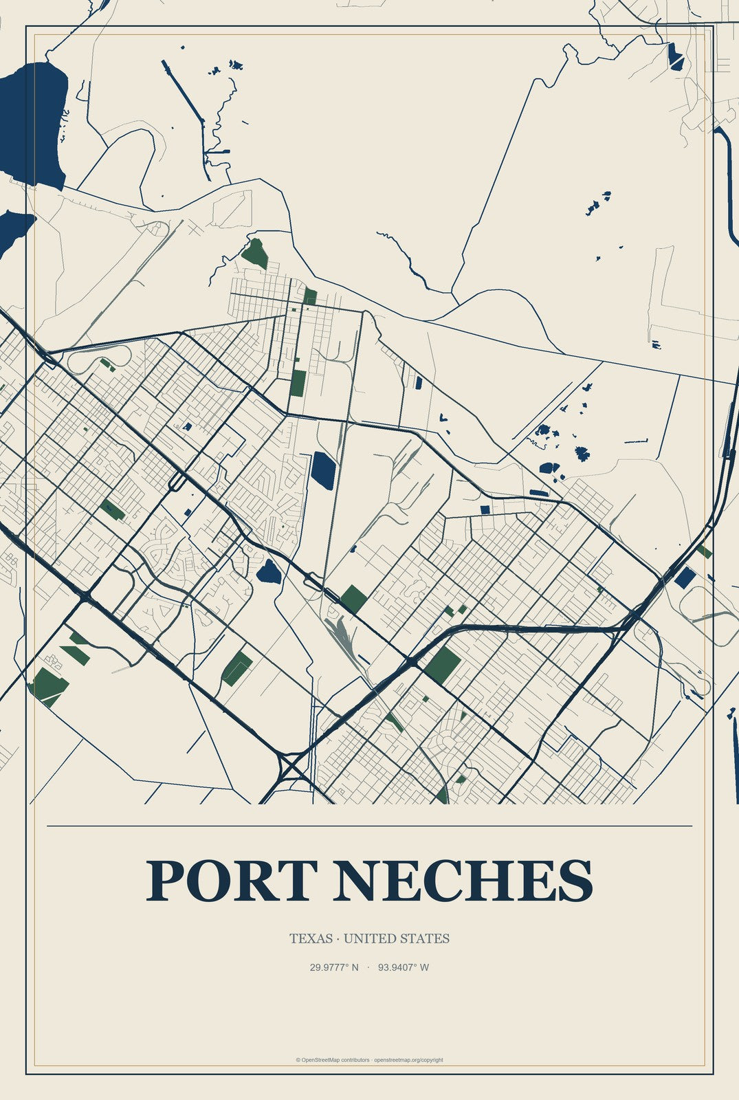 Port Neches, Texas City Map Aluminum Sign in Coastal Cutout style
