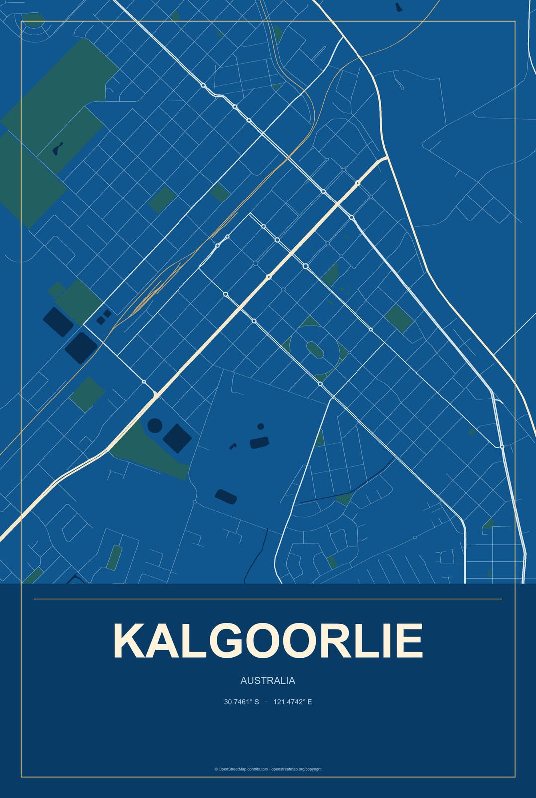 Kalgoorlie, Australia City Map Aluminum Sign in Harbor Cobalt style