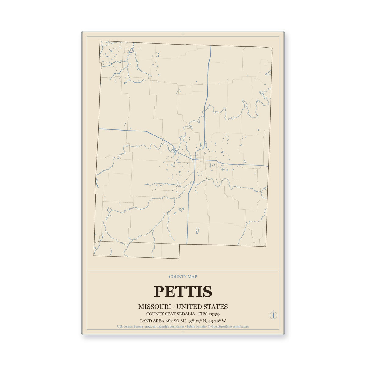 Pettis County, Missouri Map Aluminum Sign in Heritage Nautical style