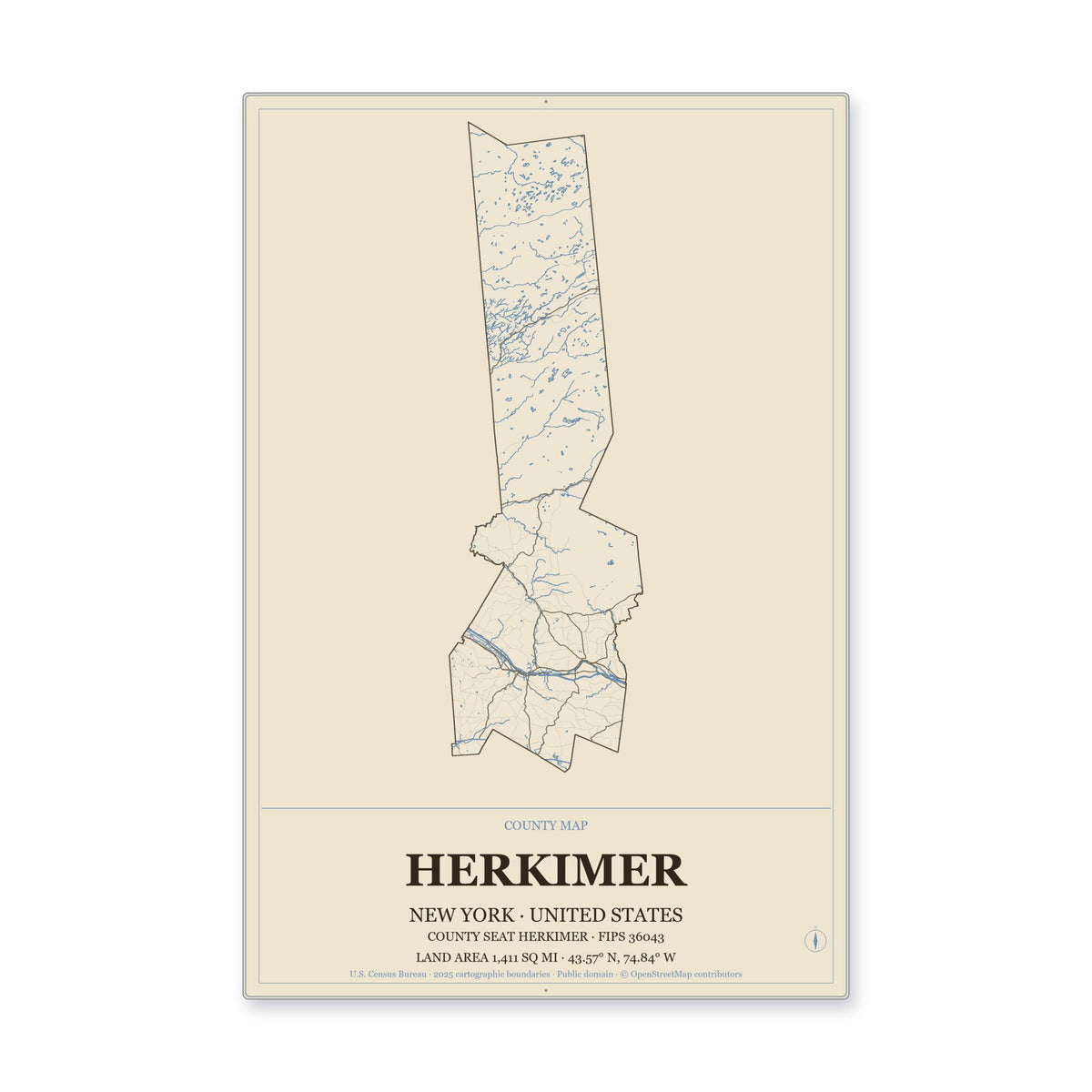 Herkimer County, New York Map Aluminum Sign in Heritage Nautical style