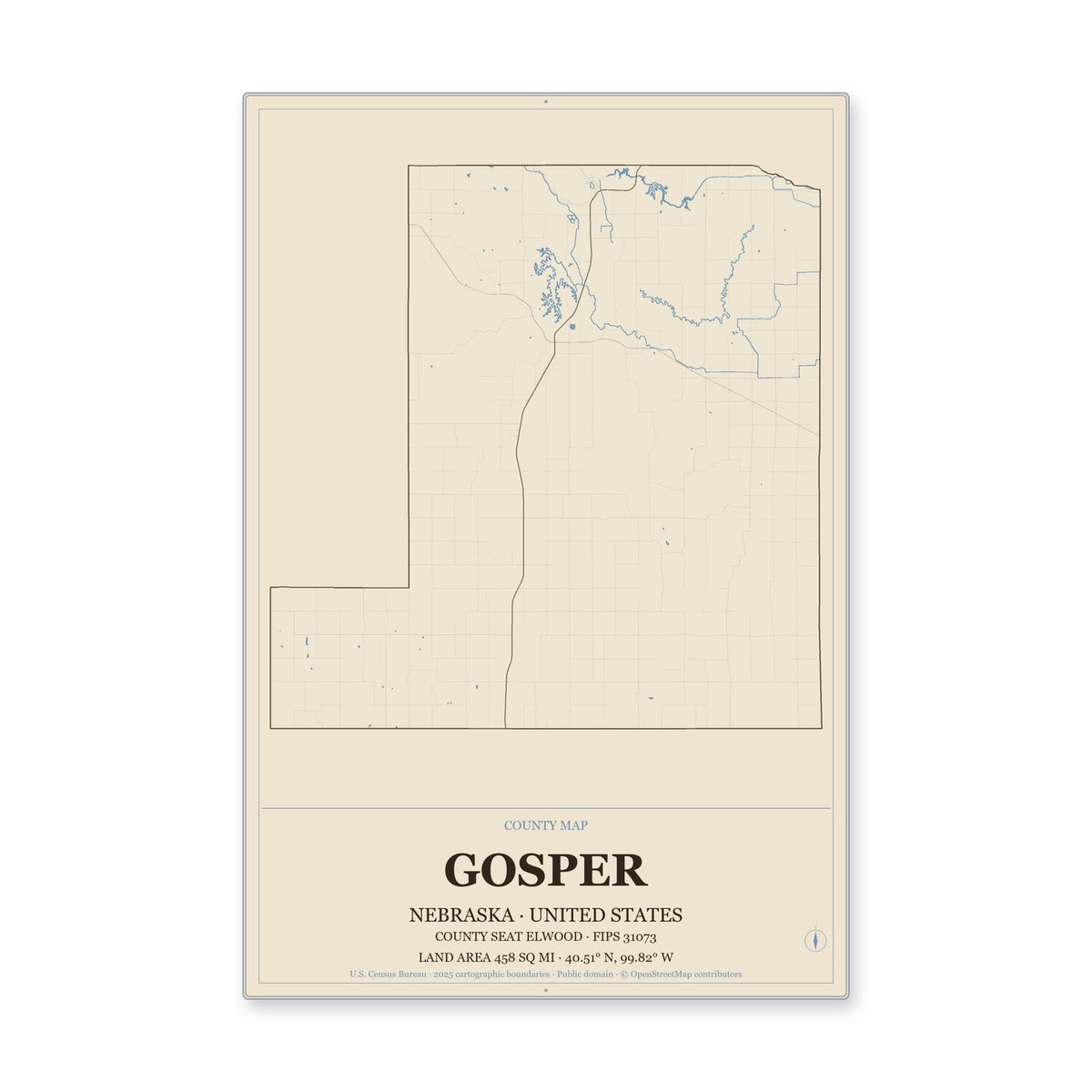 Gosper County, Nebraska Map Aluminum Sign in Heritage Nautical style