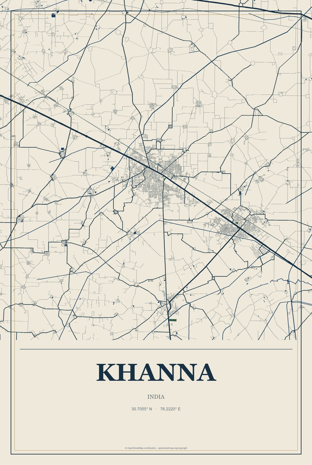 Khanna, India City Map Aluminum Sign in Coastal Cutout style