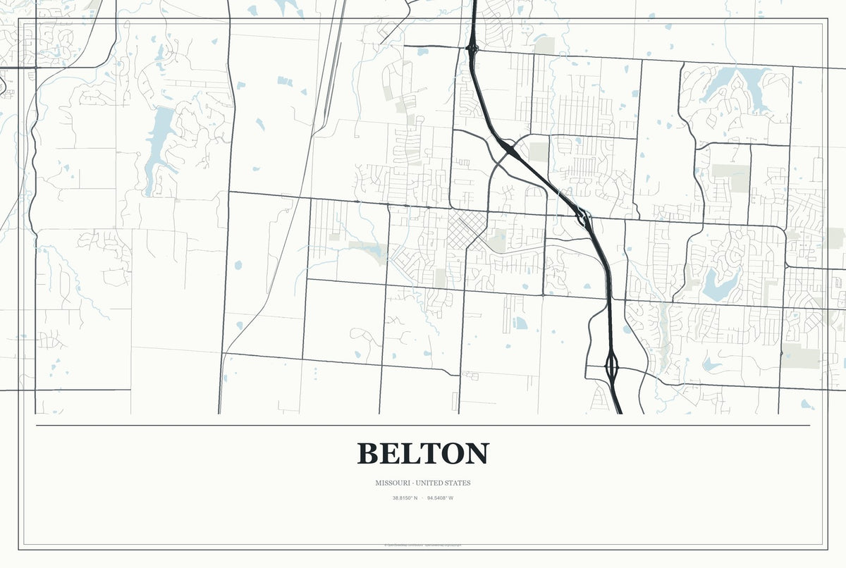Belton, Missouri City Map Aluminum Sign in Gallery Air style