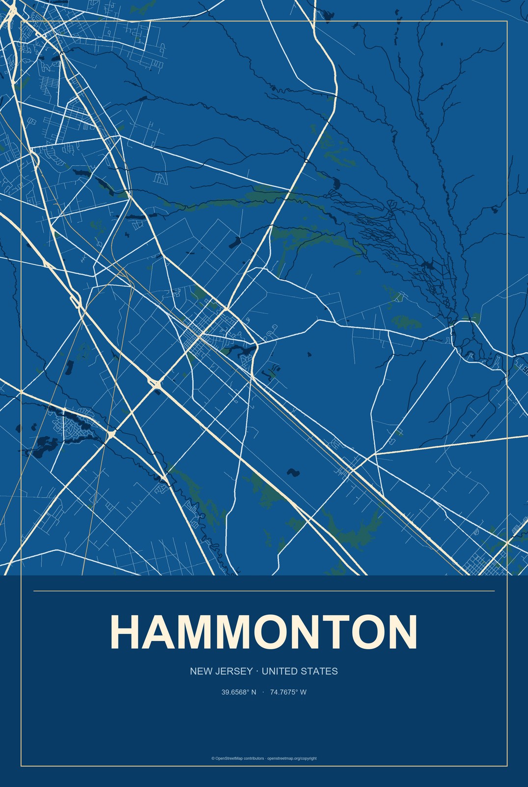Hammonton, New Jersey City Map Aluminum Sign in Harbor Cobalt style
