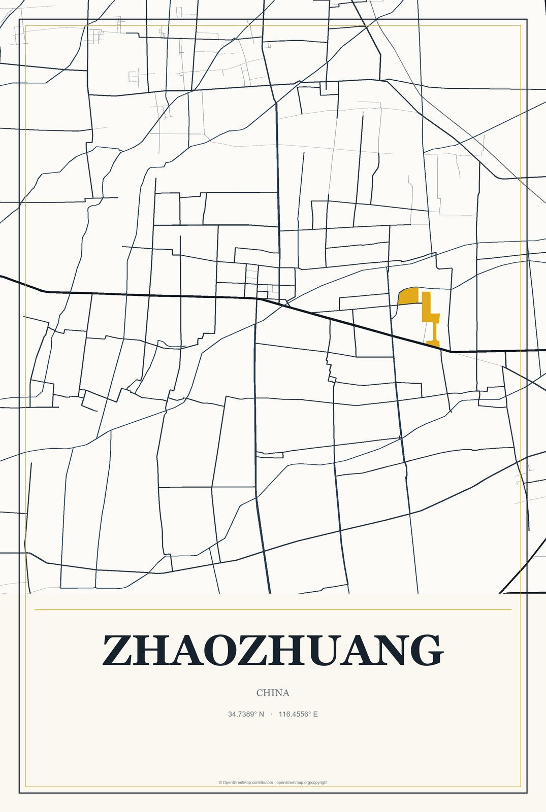 Zhaozhuang, China City Map Aluminum Sign in Citrine Modern style