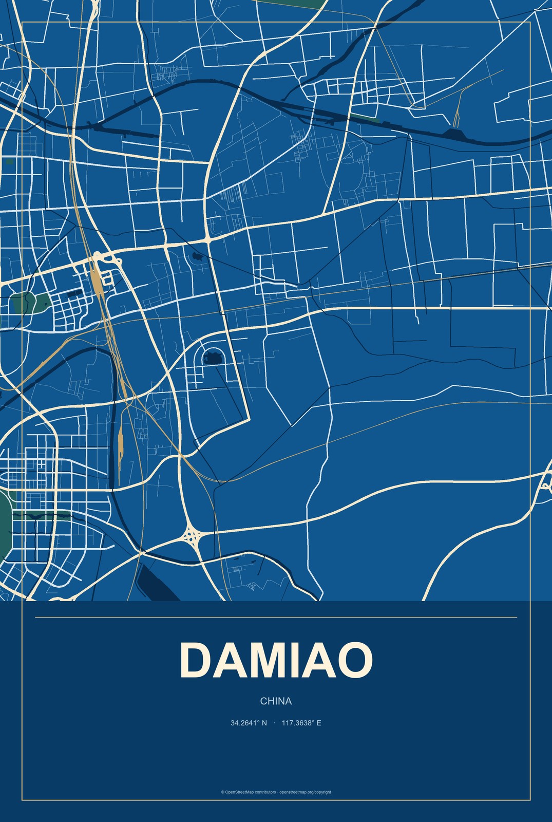 Damiao, Jiangsu, China City Map Aluminum Sign in Harbor Cobalt style