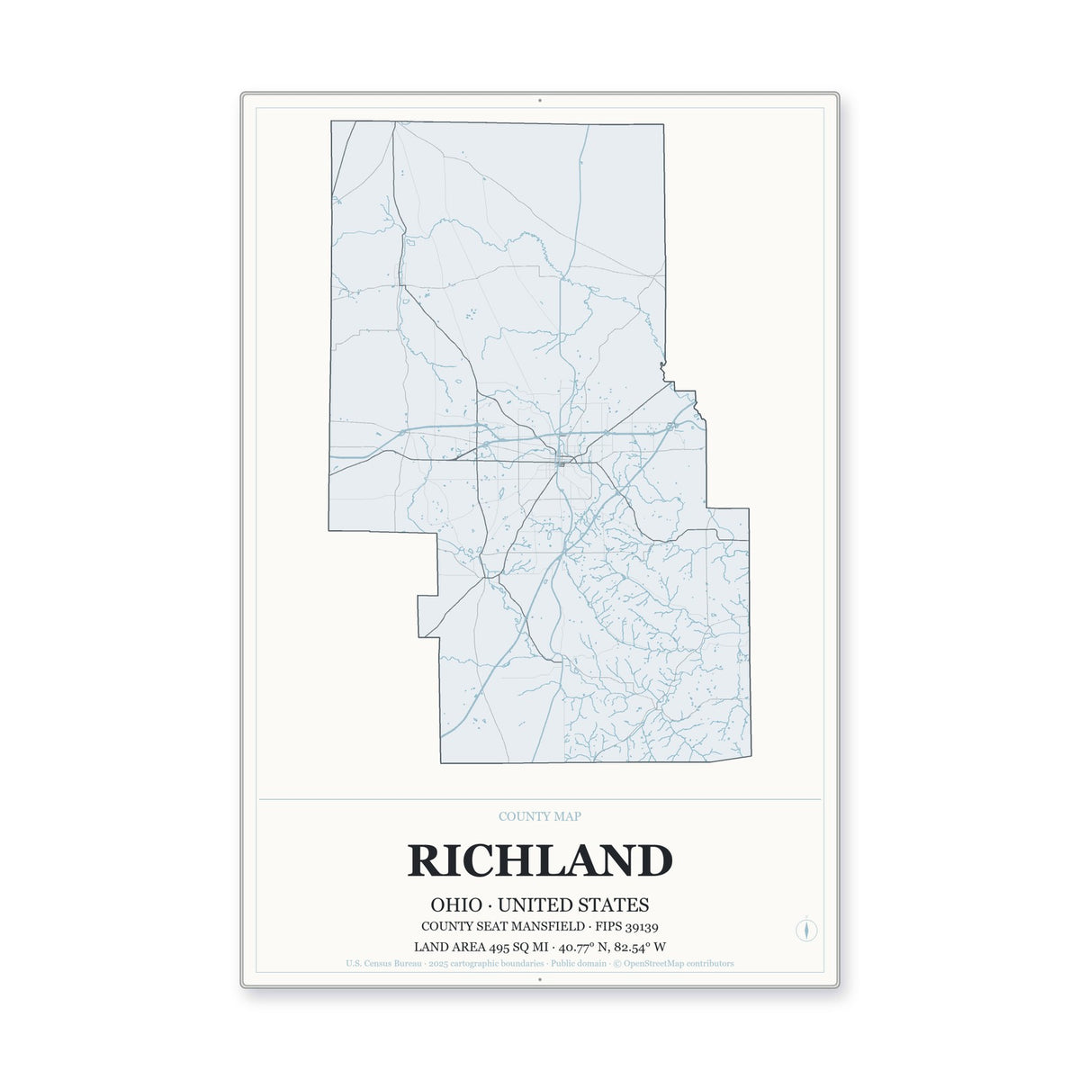 Richland County, Ohio Map Aluminum Sign in Gallery Air style