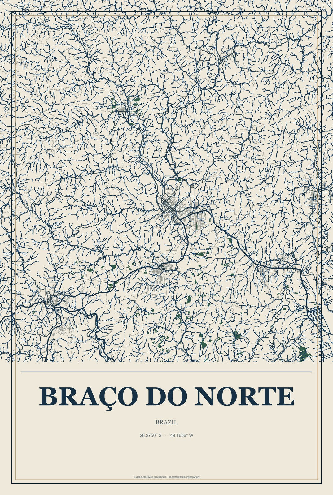 Braço do Norte, Brazil City Map Aluminum Sign in Coastal Cutout style