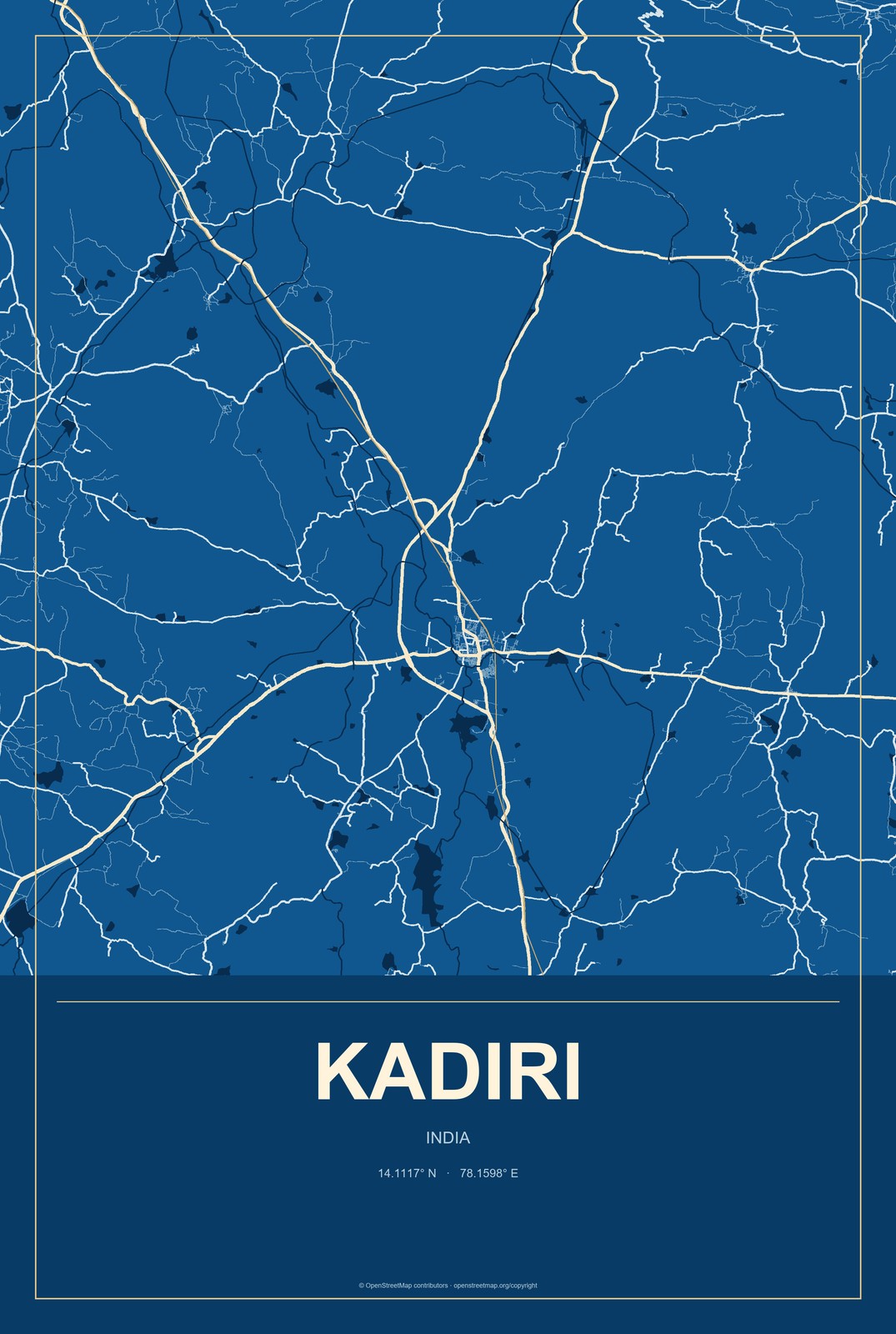 Kadiri, India City Map Aluminum Sign in Harbor Cobalt style