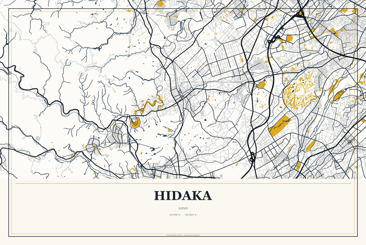 Hidaka, Japan City Map Aluminum Sign in Citrine Modern style