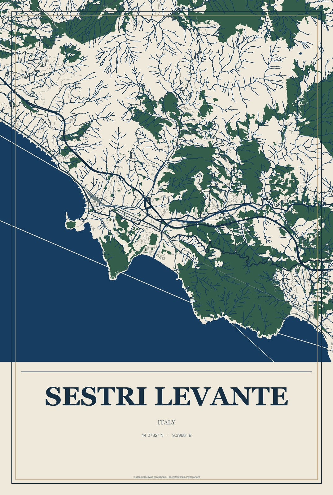 Sestri Levante, Italy City Map Aluminum Sign in Coastal Cutout style