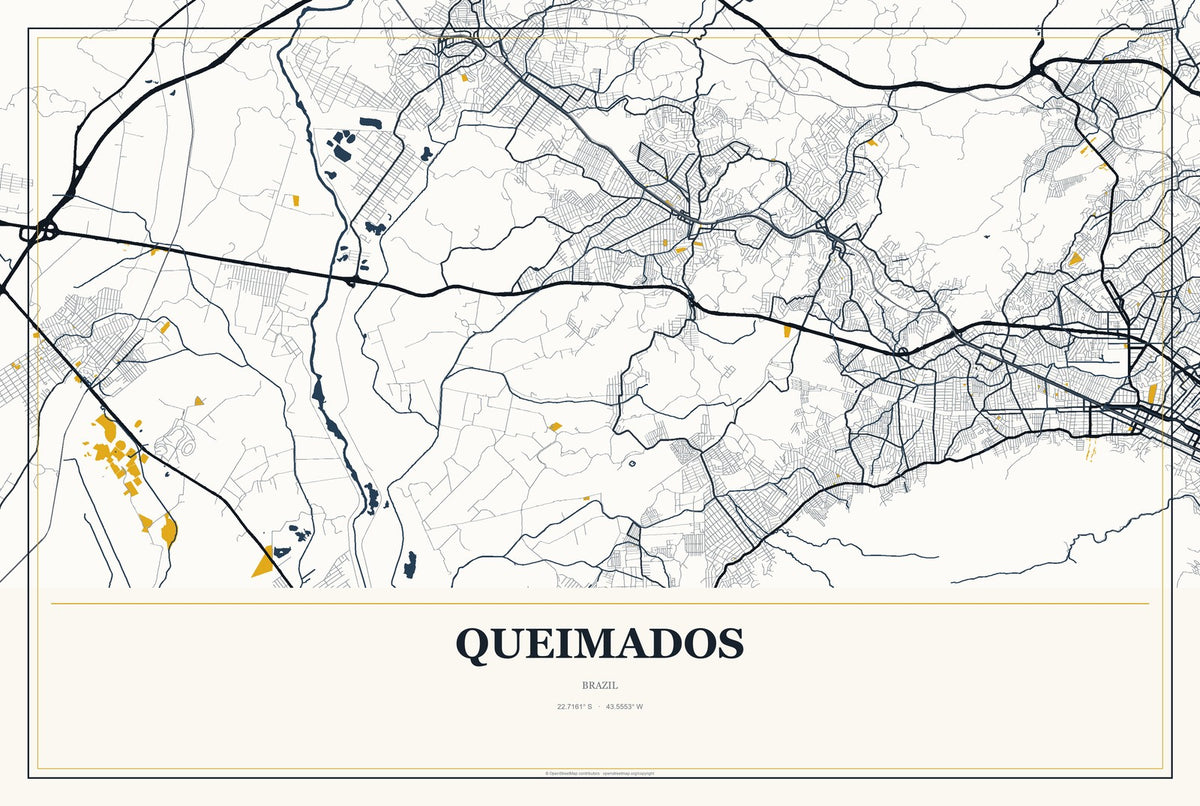 Queimados, Brazil City Map Aluminum Sign in Citrine Modern style