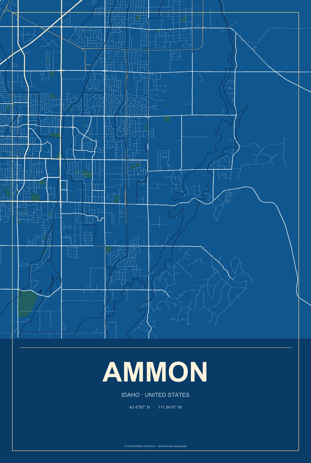 Ammon, Idaho City Map Aluminum Sign in Harbor Cobalt style