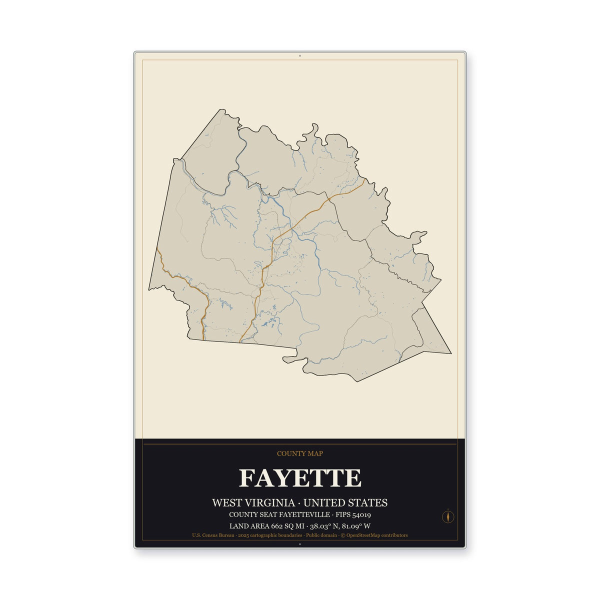 Fayette County, West Virginia Map Aluminum Sign in Museum Plaque style