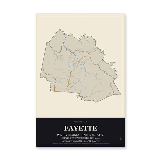 Fayette County, West Virginia Map Aluminum Sign in Museum Plaque style