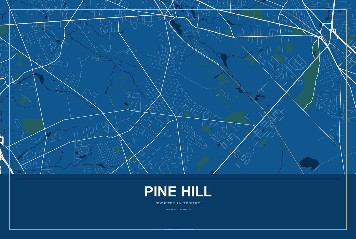 Pine Hill, New Jersey City Map Aluminum Sign in Harbor Cobalt style