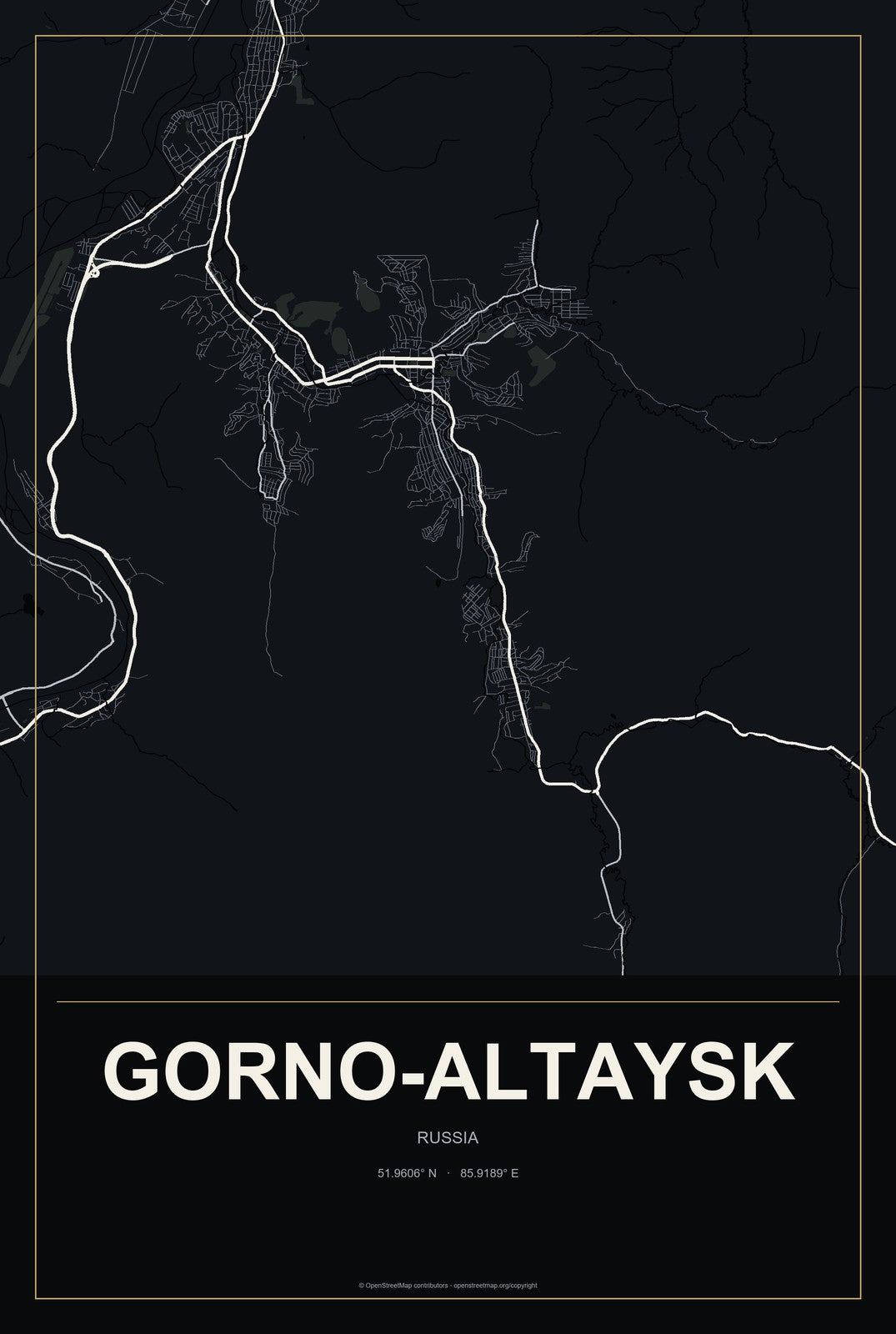 Gorno-Altaysk, Russia City Map Aluminum Sign in Metropolitan Noir style