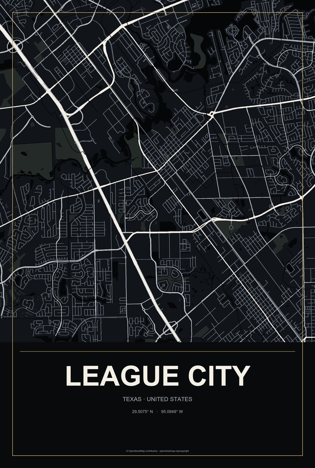 League City, Texas City Map Aluminum Sign in Metropolitan Noir style