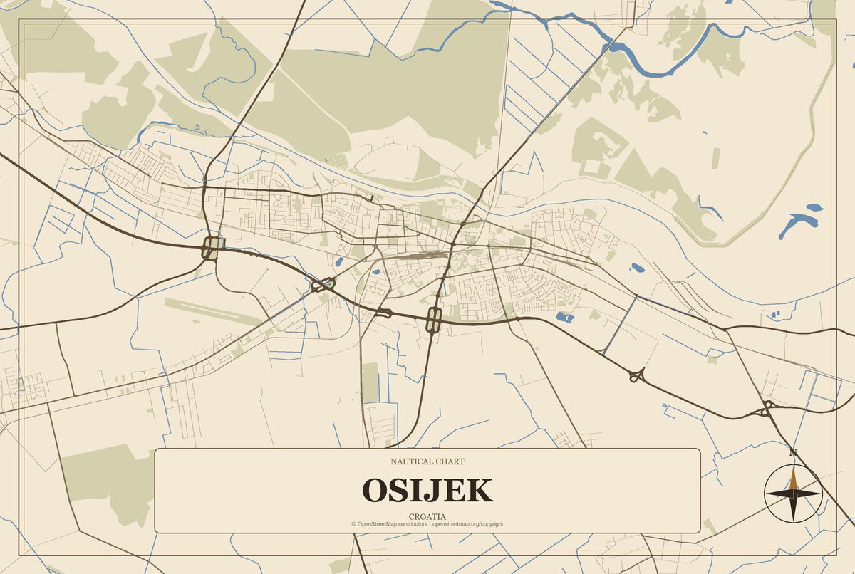 Osijek, Croatia City Map Aluminum Sign in Heritage Nautical style