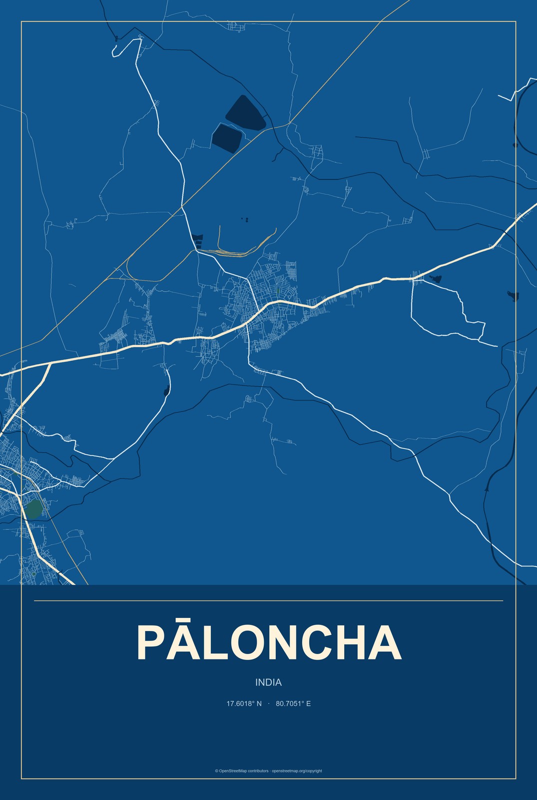 Pāloncha, India City Map Aluminum Sign in Harbor Cobalt style