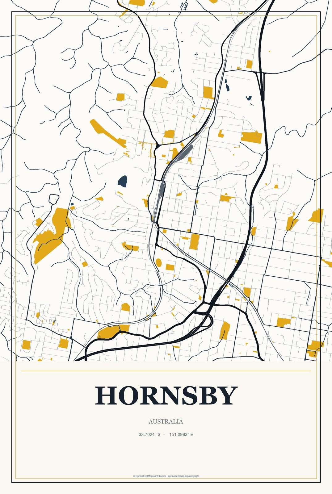 Hornsby, Australia City Map Aluminum Sign in Citrine Modern style