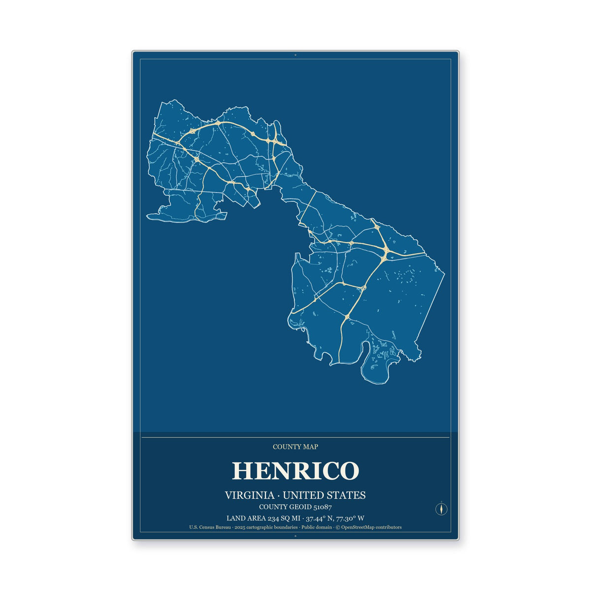 Henrico County, Virginia Map Aluminum Sign in Harbor Cobalt style