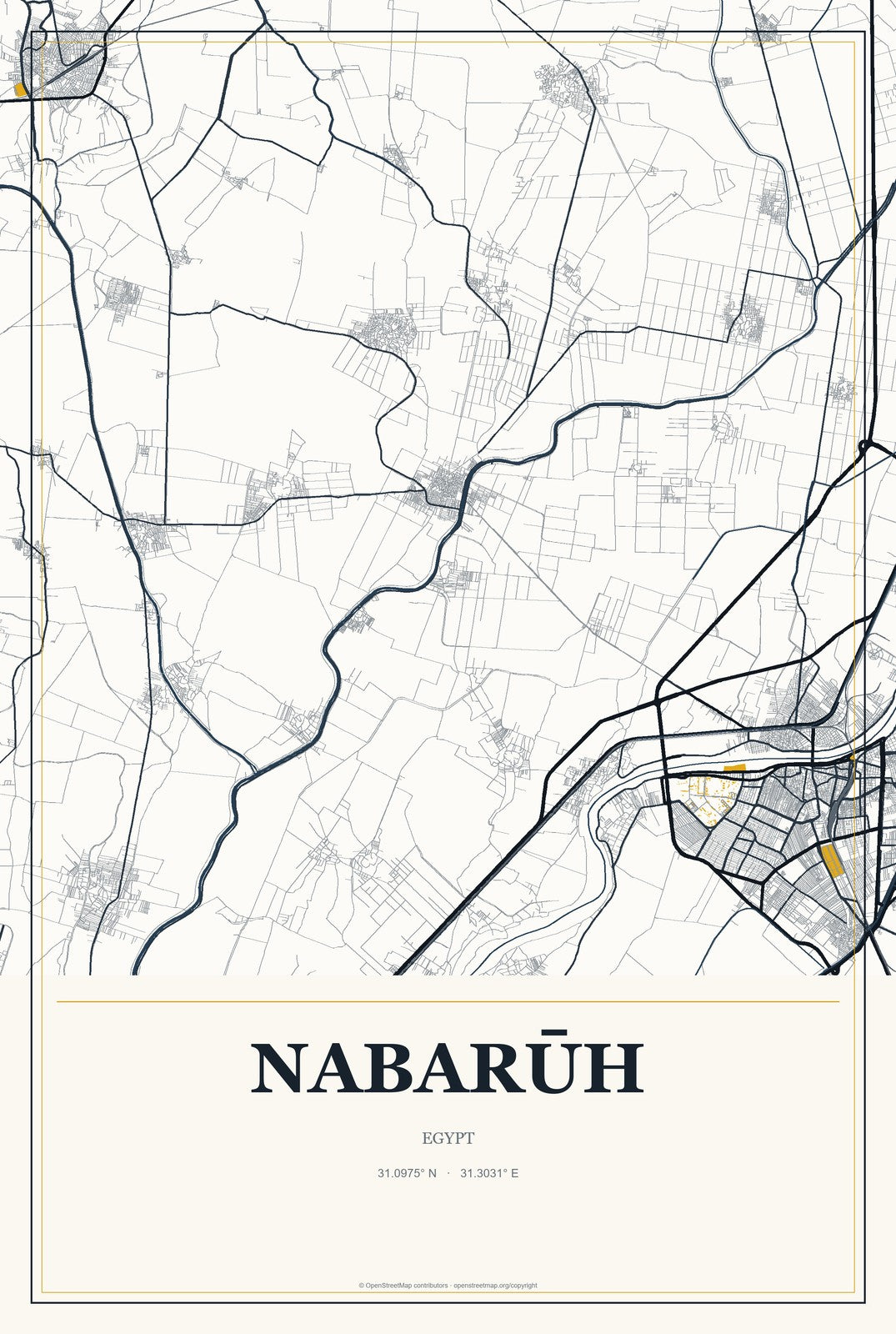 Nabarūh, Egypt City Map Aluminum Sign in Citrine Modern style