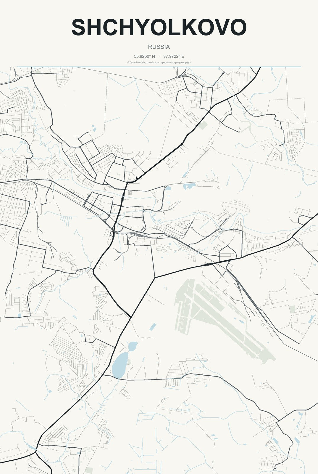 Shchyolkovo, Russia City Map Aluminum Sign in Headline Atlas style