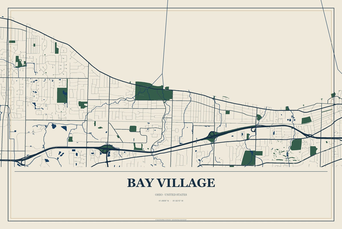 Bay Village, Ohio City Map Aluminum Sign in Coastal Cutout style