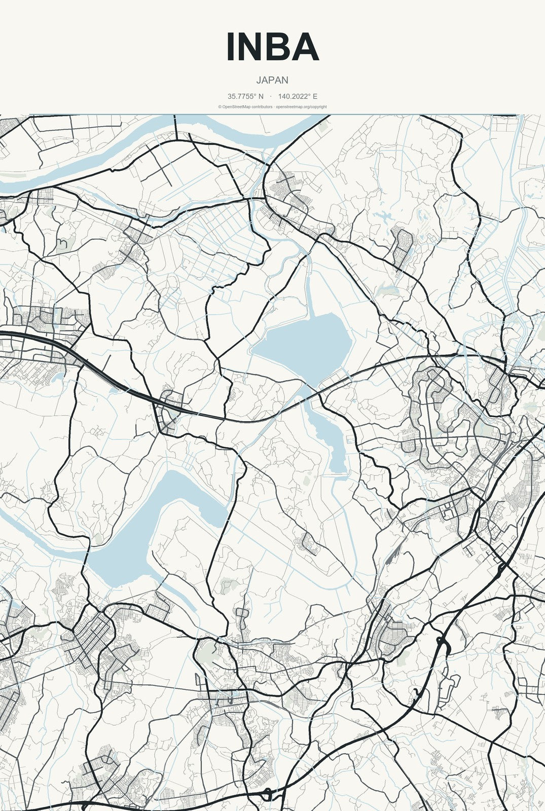 Inba, Japan City Map Aluminum Sign in Headline Atlas style