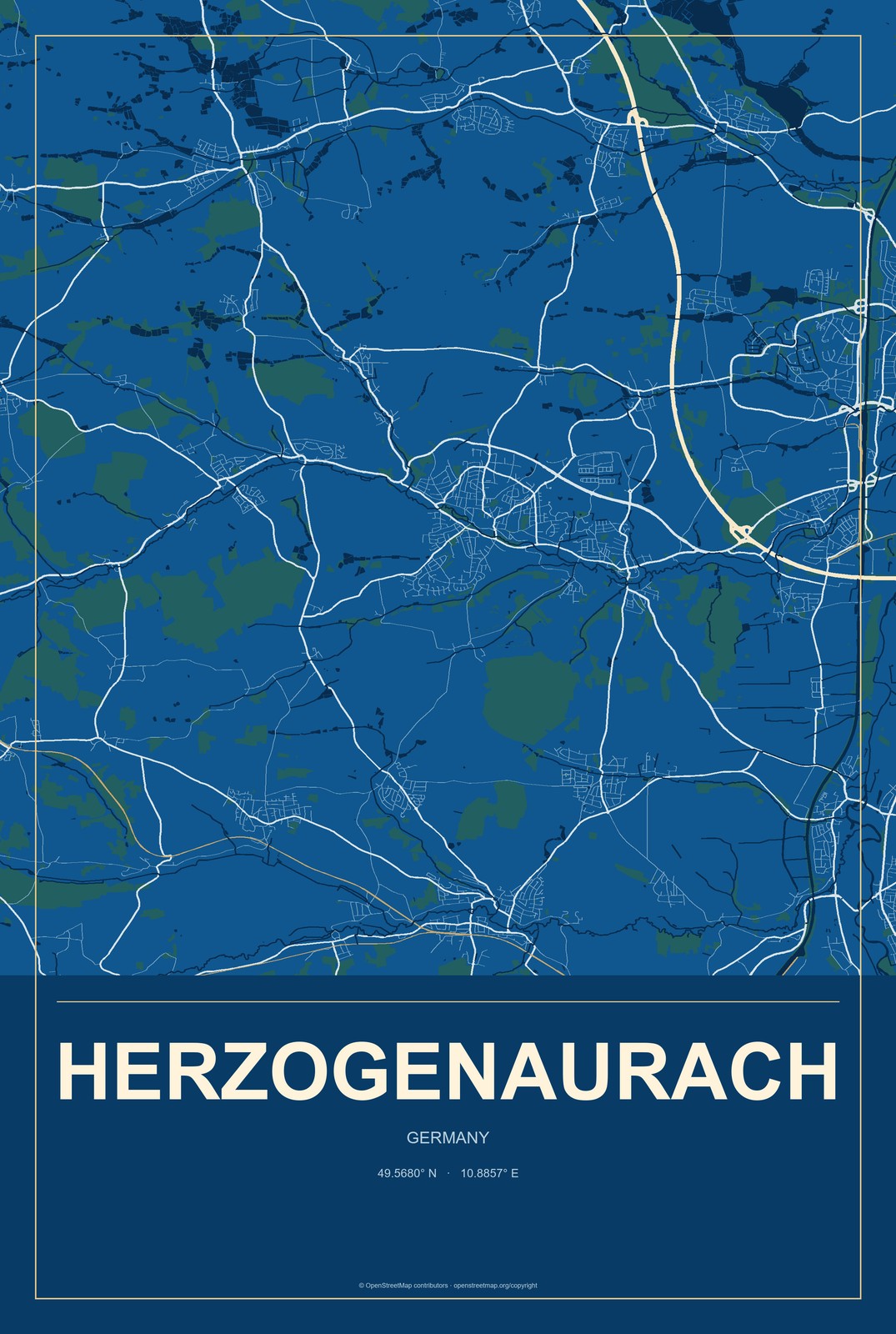 Herzogenaurach, Germany City Map Aluminum Sign in Harbor Cobalt style