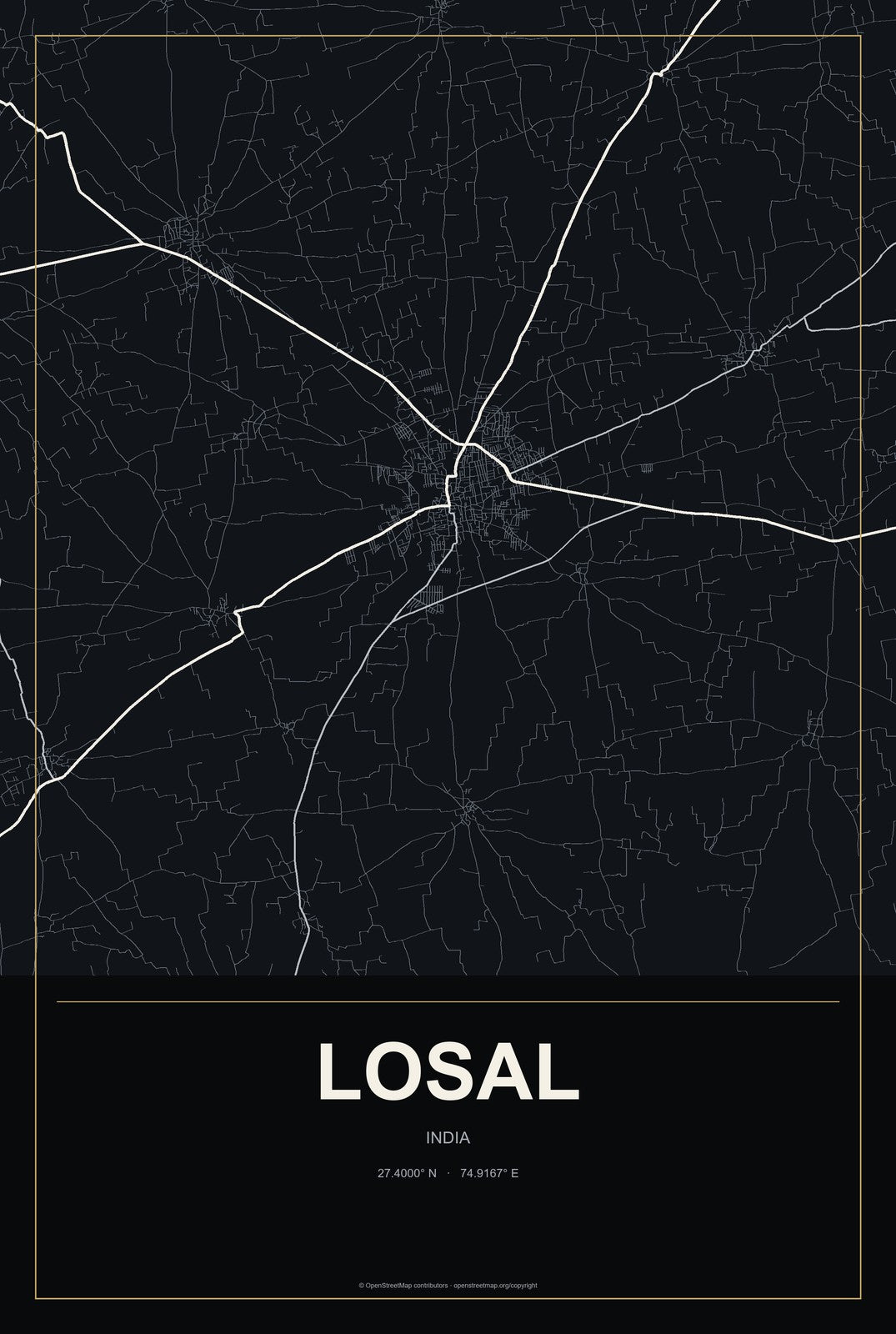 Losal, India City Map Aluminum Sign in Metropolitan Noir style